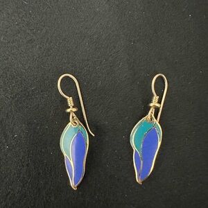Laurel Burch Elegant Gold and Blue Leaf Earrings